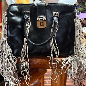 Black Fringe Leather Tote Bag